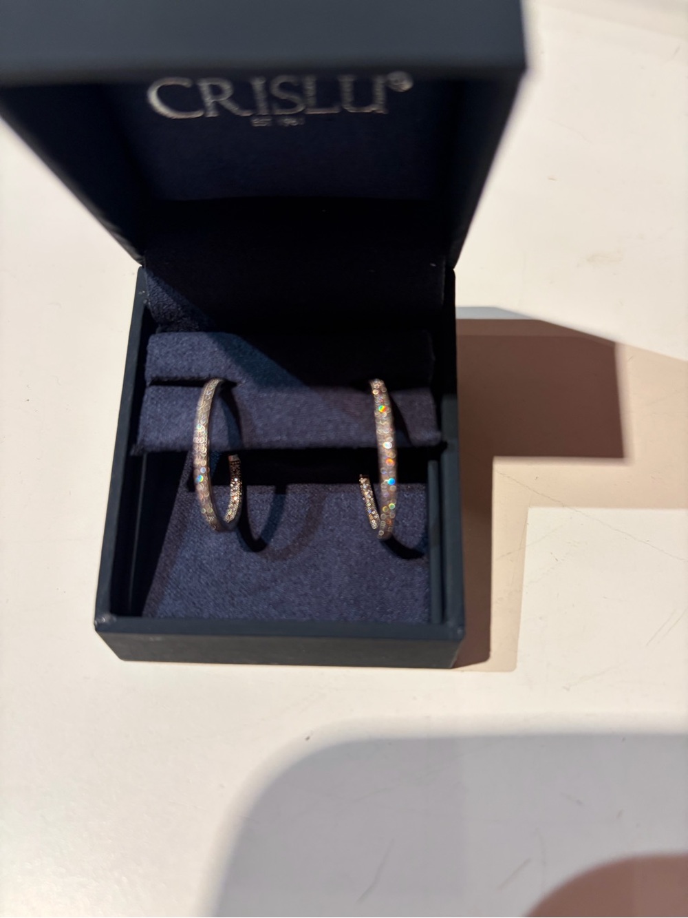 New in Box Crislu Platinum Plated Silver Sparkling Pave Hoop Earrings